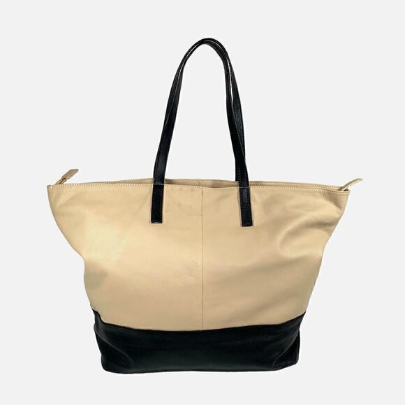 Clever Carriage Company Leather Shoulder Tote Bag Beige & Black 22"Wx14.5"Hx6"D - Picture 3 of 11